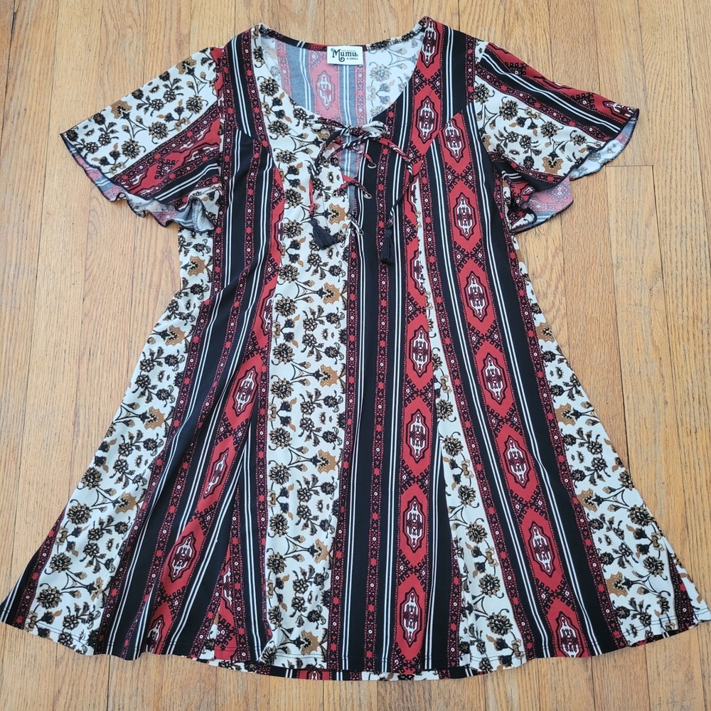 Show Me Your Mumu XS Mini Dress Red Black Stripe Boho Lace Up Tassel MATILDA